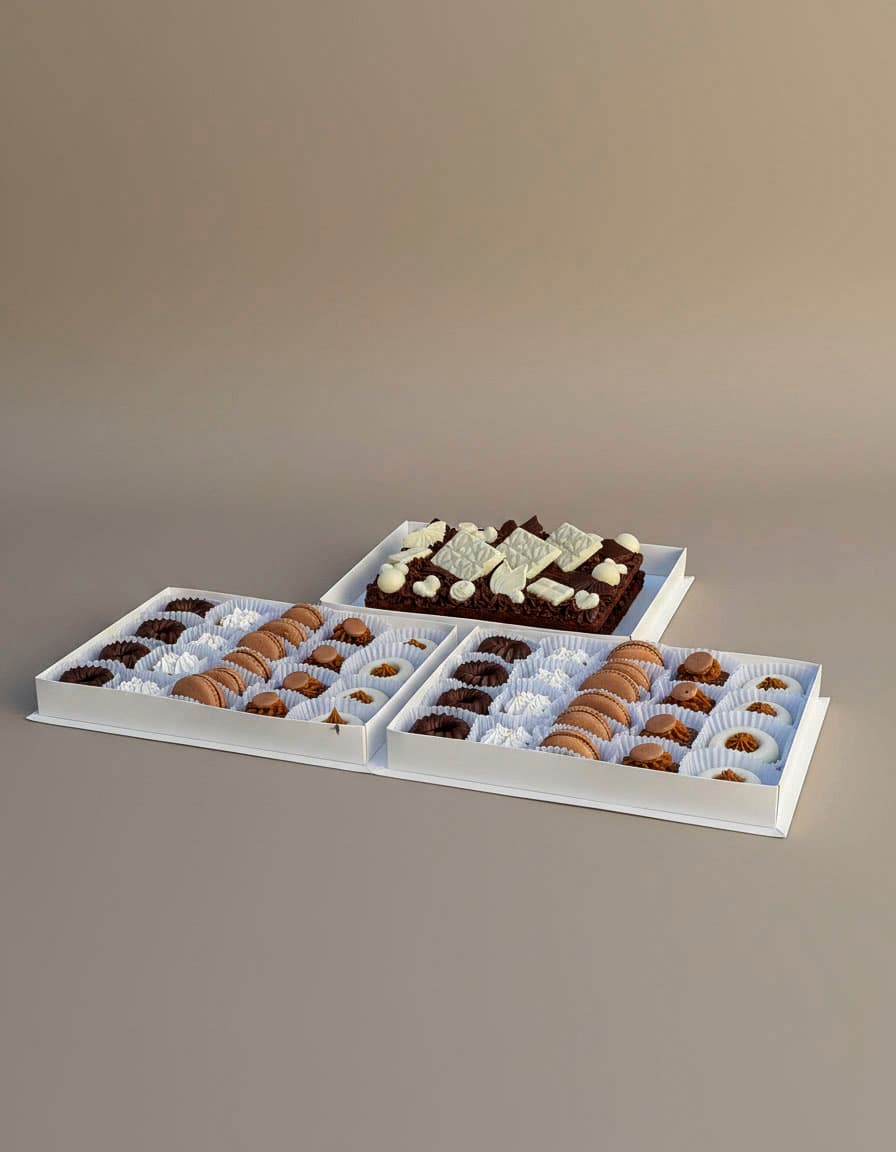 Una torta de chocolate al fondo y dos bandejas de piezas en pirotines blancos adelante