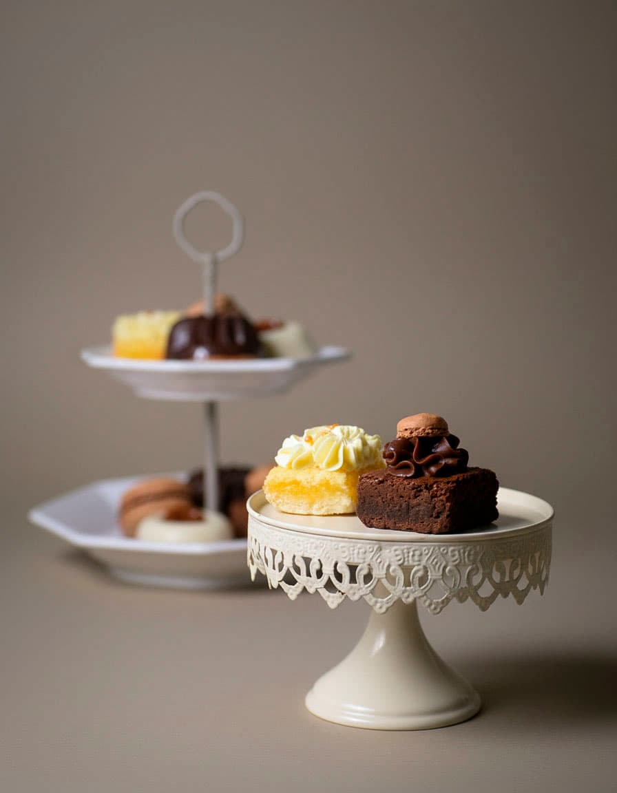 Un brownie con copete de chocolate y un budín con crema sobre un pie de torta calado, con dos bandejas de piezas detrás