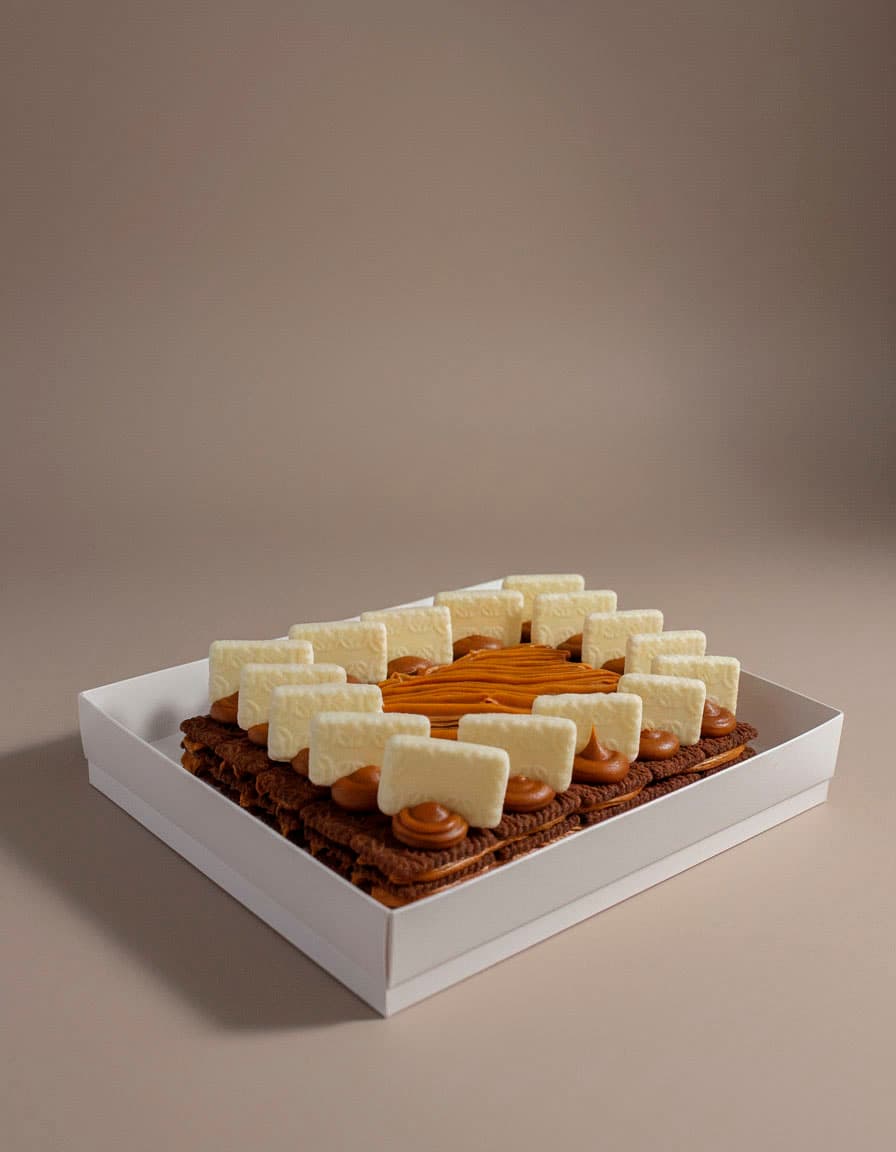 Chocotorta con placas de chocolate blanco clavadas alrededor y dulce de leche en el centro
