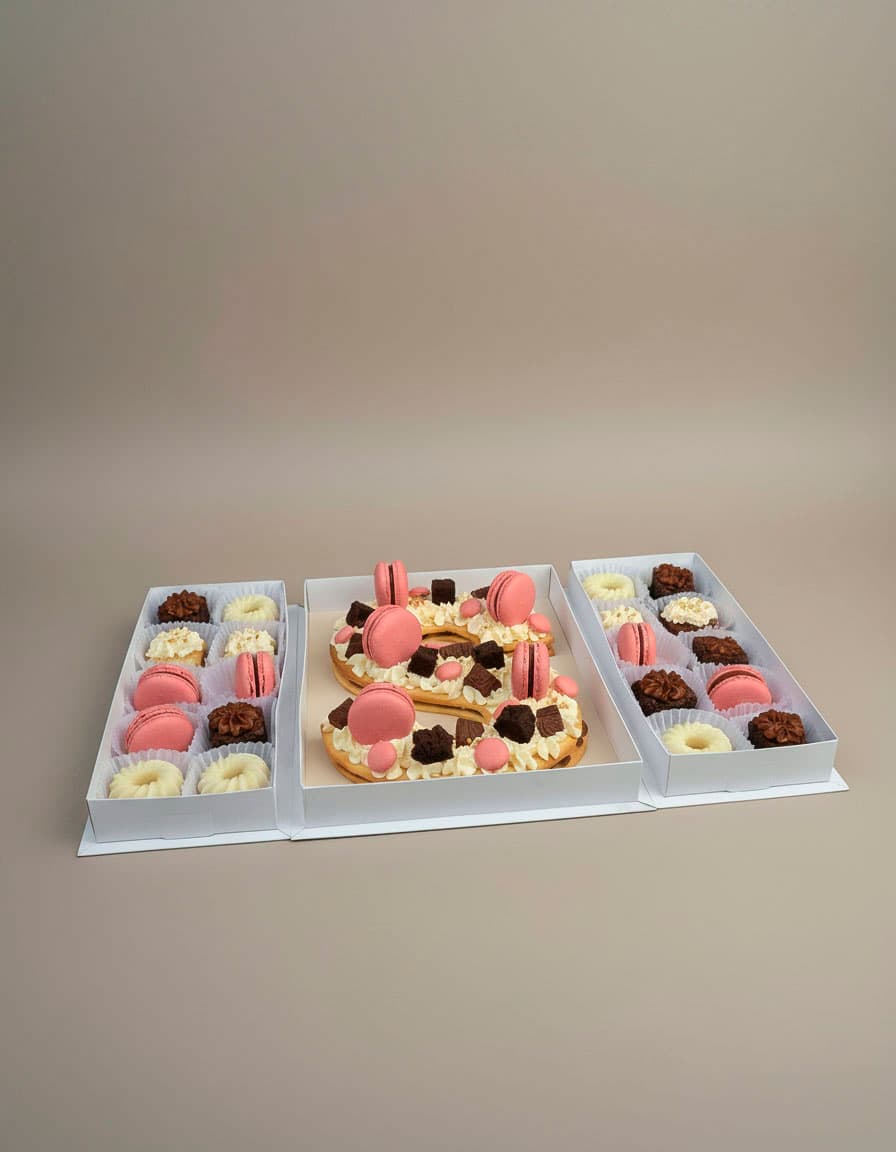 Torta de galleta con crema, macarons rosas y trozos de brownie, entre dos bandejas de piezas