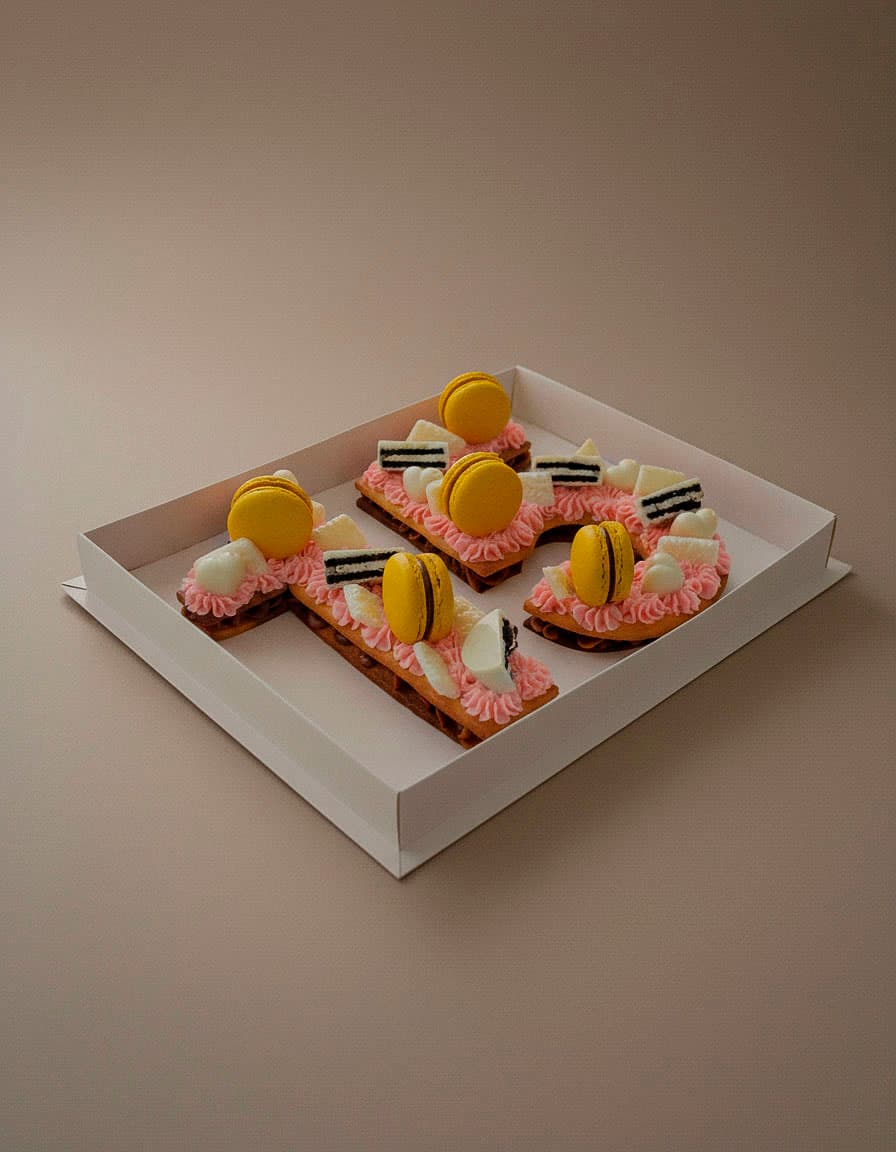 Tres piezas con crema rosa, macarons amarillos y trozos de chocolate blanco, en su caja