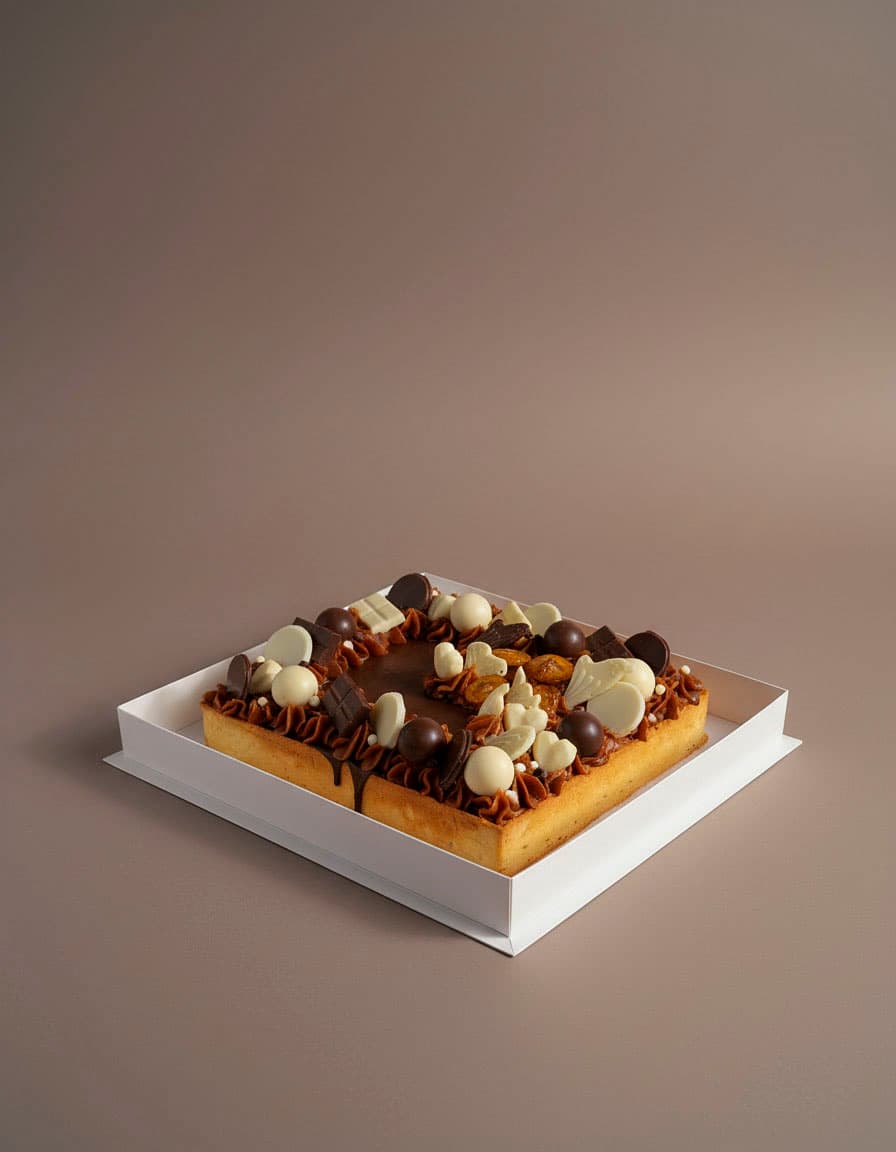 Torta con rodajas de banana caramelizada al centro, rodeada de copetes de dulce de leche y chocolates