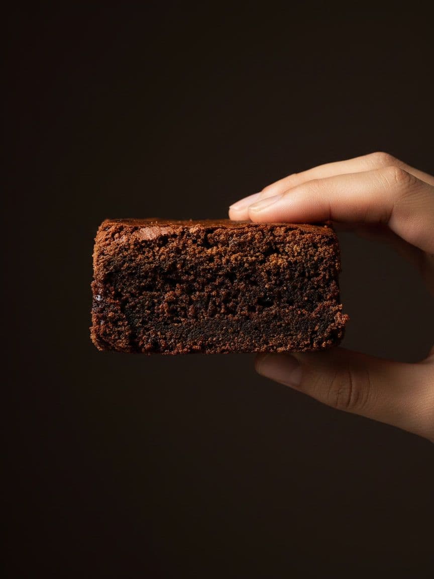 Una mano sostiene una porción de brownie de perfil, con la miga húmeda a la vista sobre fondo oscuro