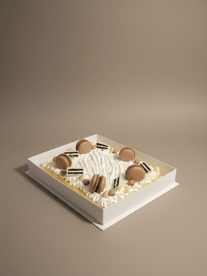 La torta en su caja blanca, en diagonal: el merengue italiano batido en picos al centro y una vuelta de macarons y chocolates sobre el borde