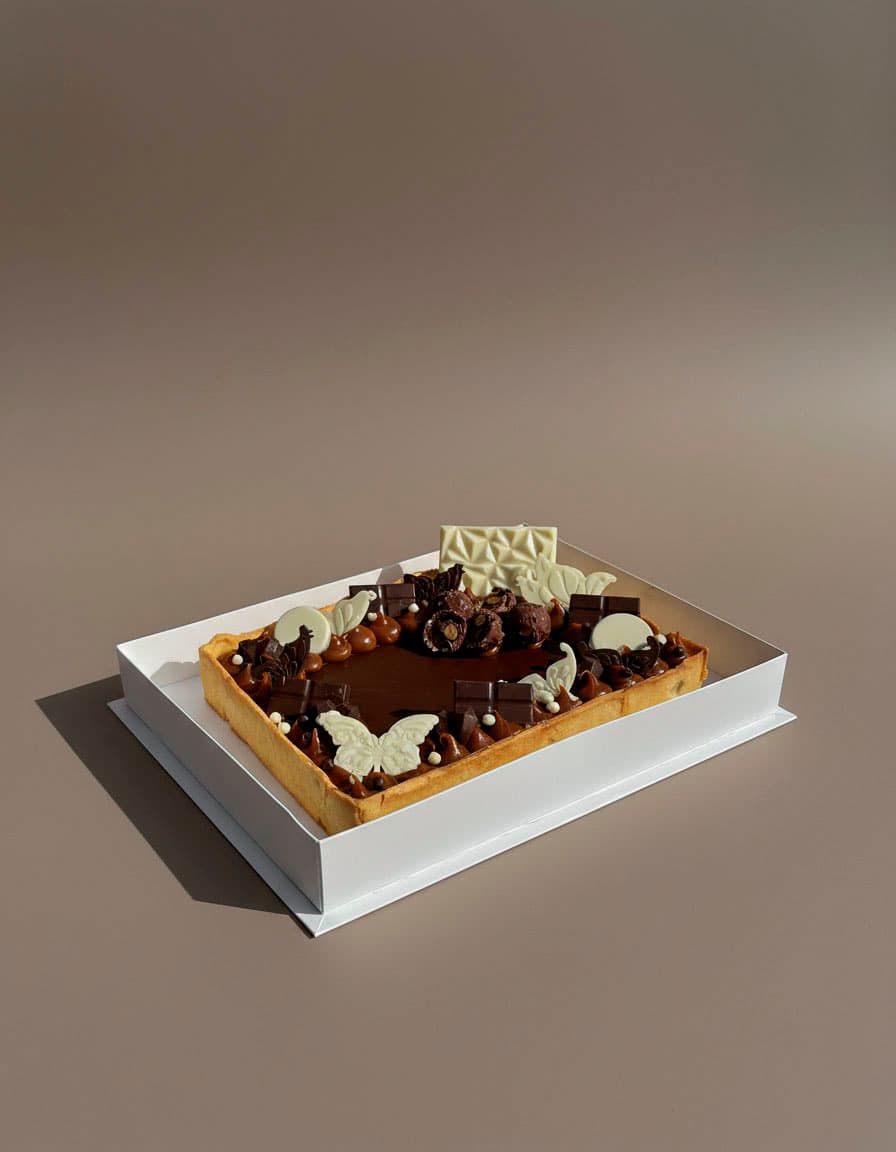 Torta de ganache en diagonal, con bombones Ferrero Rocher encima y una placa de chocolate blanco parada al fondo