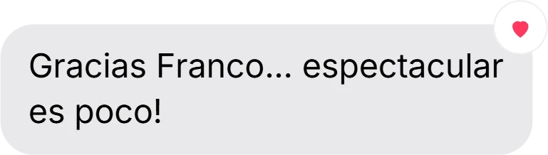 Mensaje con un corazón de iMessage: «Gracias Franco... espectacular es poco!»
